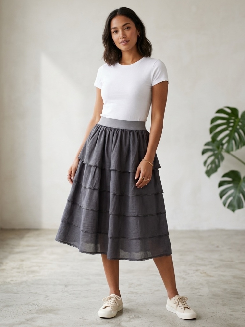 Edme & Esyllte Anthro Gray Tiered Cotton Skirt Size 12